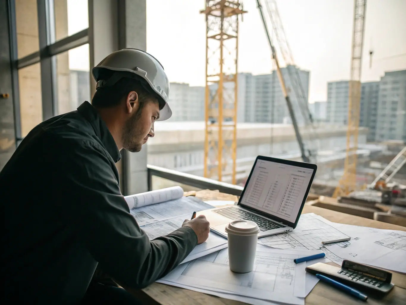 An image showing a project manager reviewing a construction schedule and budget on a laptop, illustrating the benefits of efficient project management.