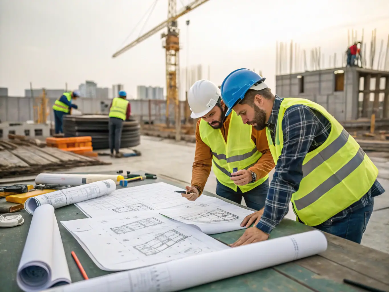 An image showing a construction site with workers and blueprints, emphasizing the importance of accurate planning and estimating in construction projects.